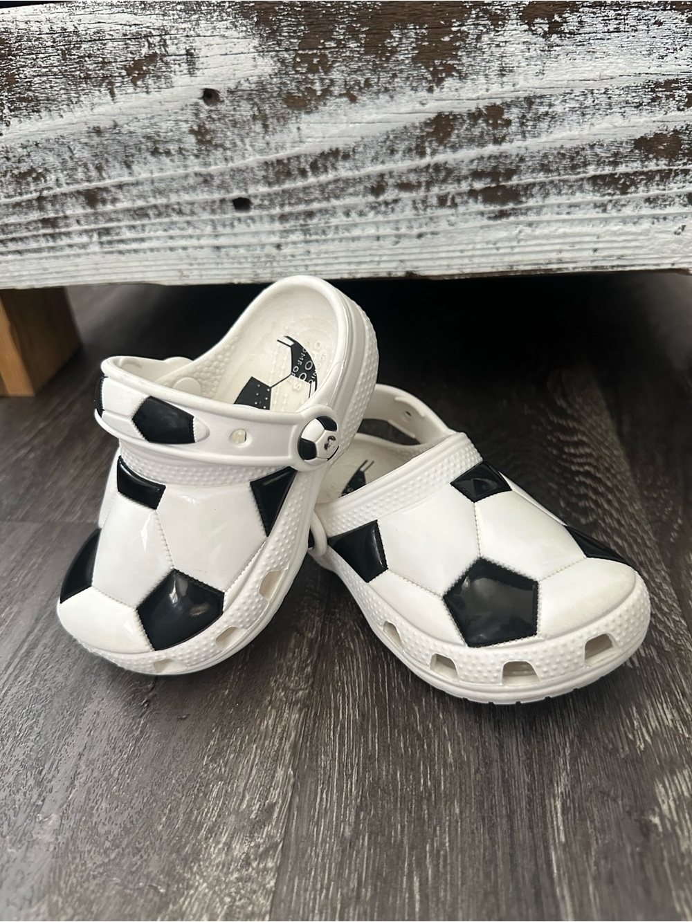 CROCS Kids White and Black Soccer Print Clogs
